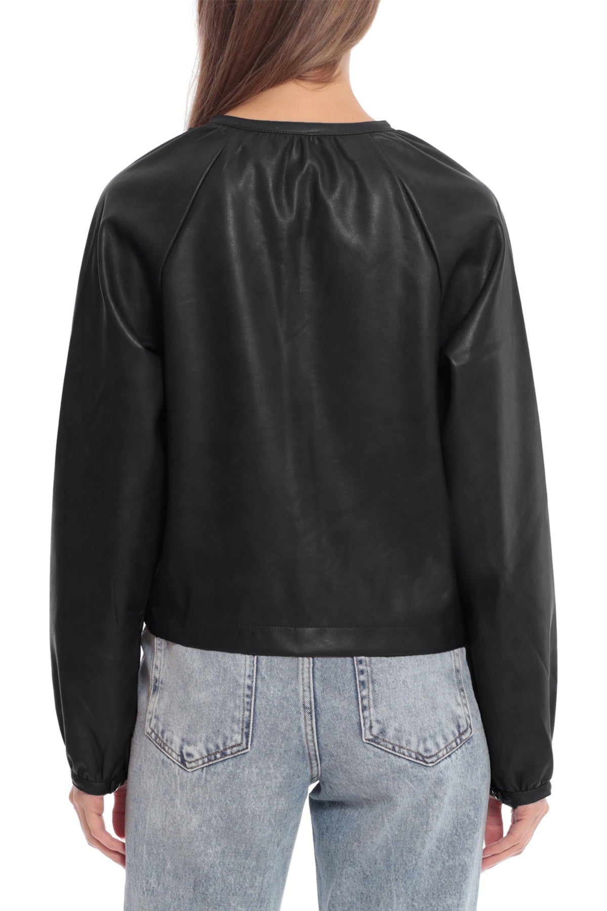 Women's Faux Leather Puff Sleeve Raglan Top Shirt Jacket black