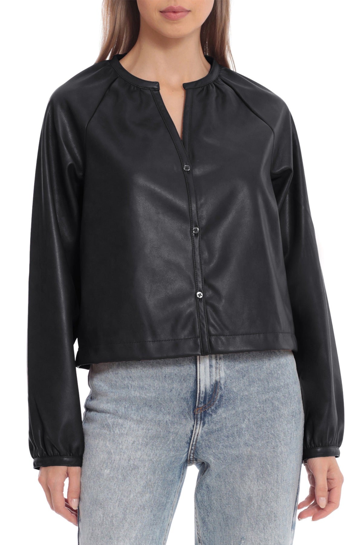 Women's Faux Leather Puff Sleeve Raglan Top Shirt Jacket black v-neck