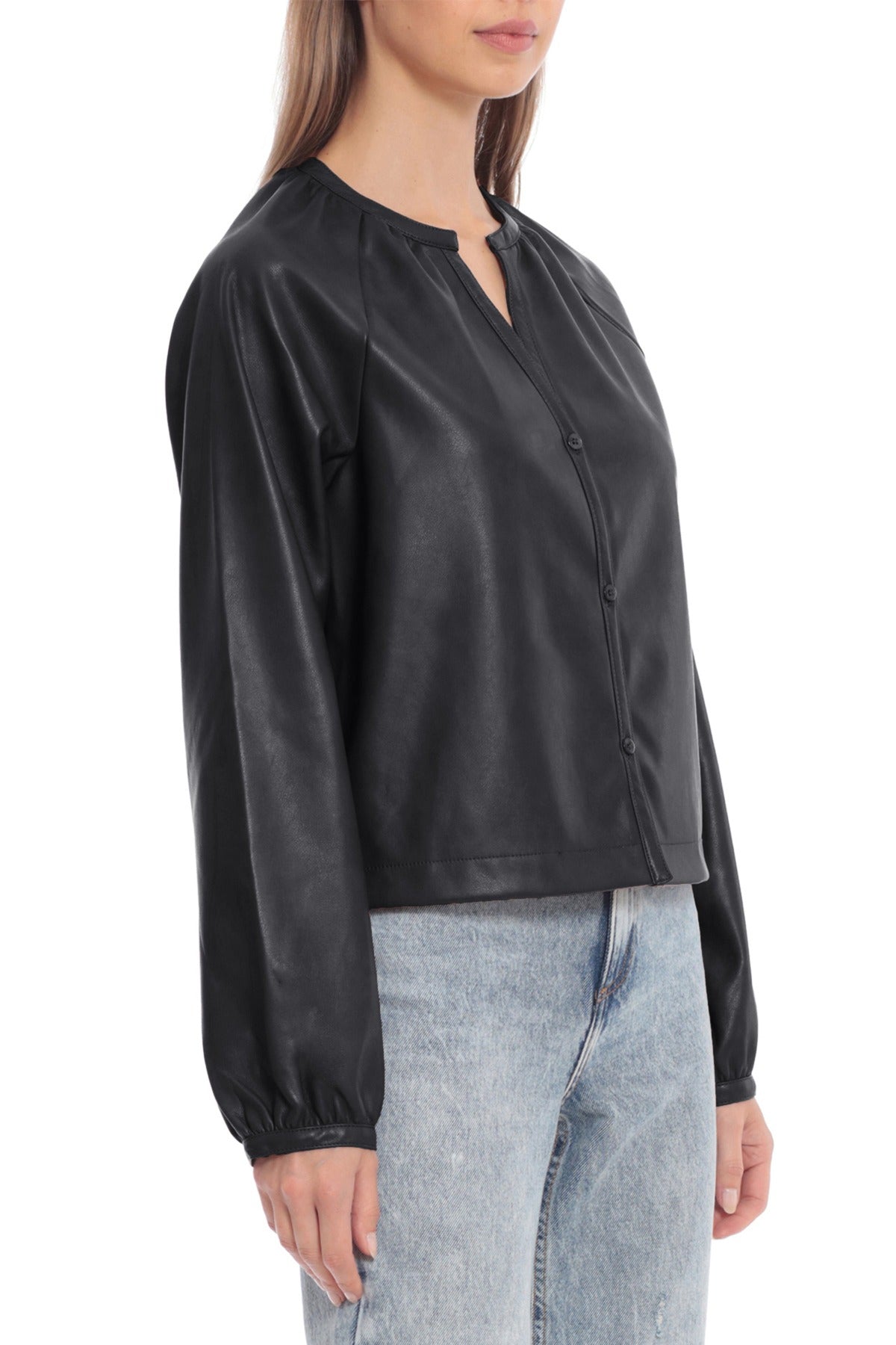 Women's Faux Leather Puff Sleeve Raglan Top Shirt Jacket black