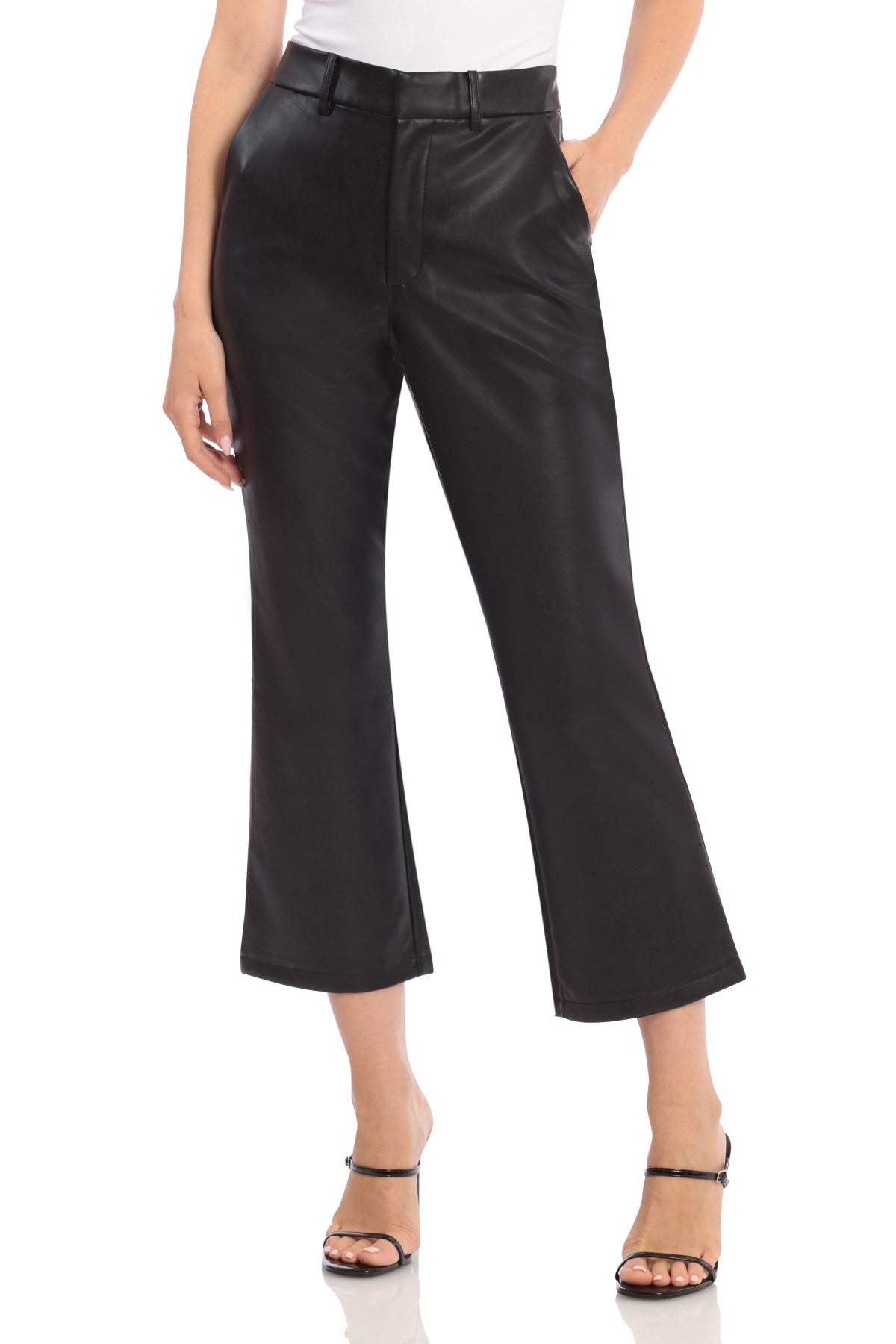 On Sale Cropped Flare Faux Leather Pants Fashion Bottoms for Women Black