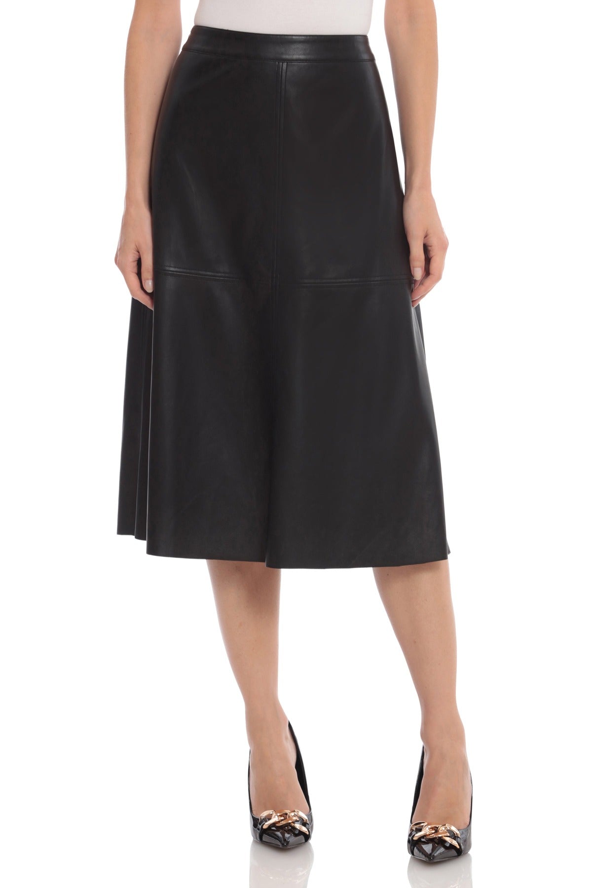 Faux Leather A-Line Midi panelled Skirt Fully-lined Black 