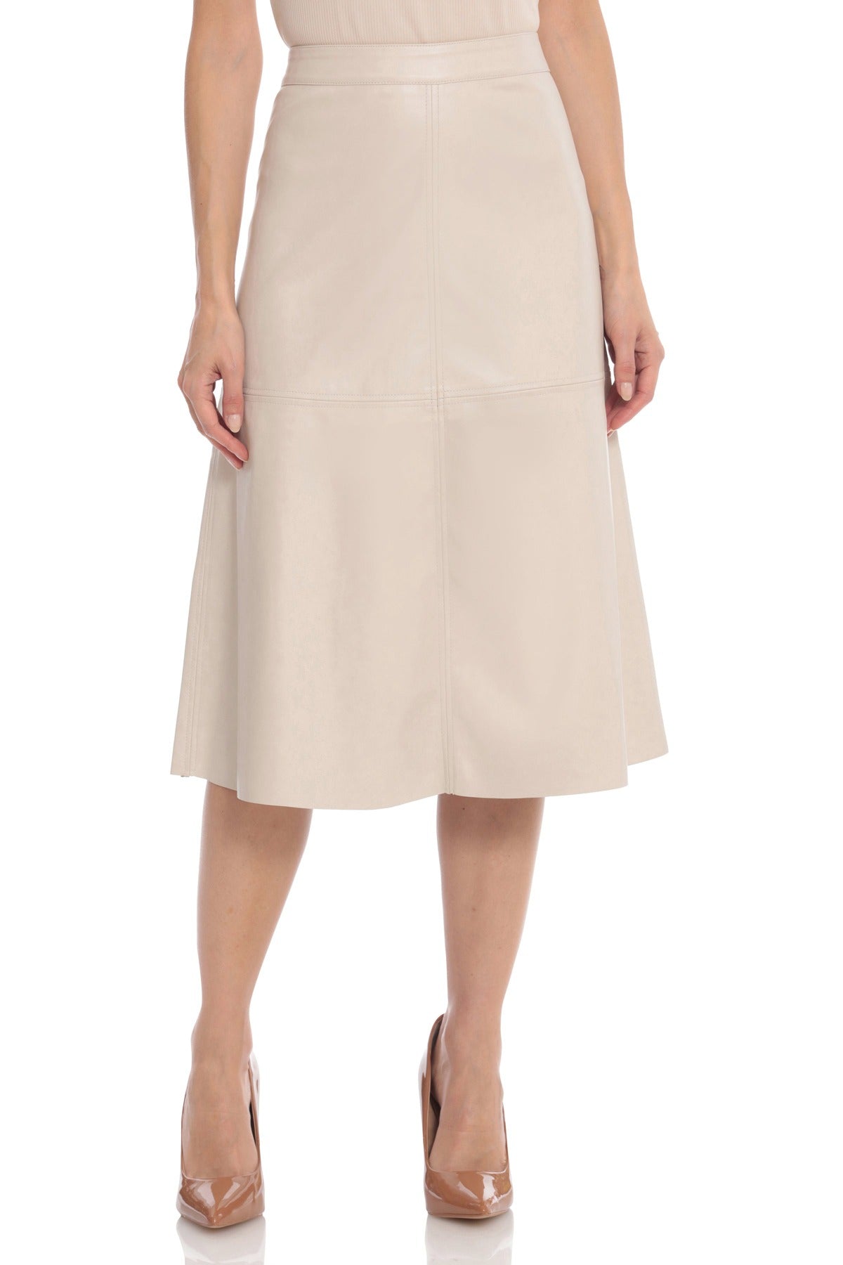 Faux Leather A-Line Midi Panelled Skirt Fully-lined Bone Off White