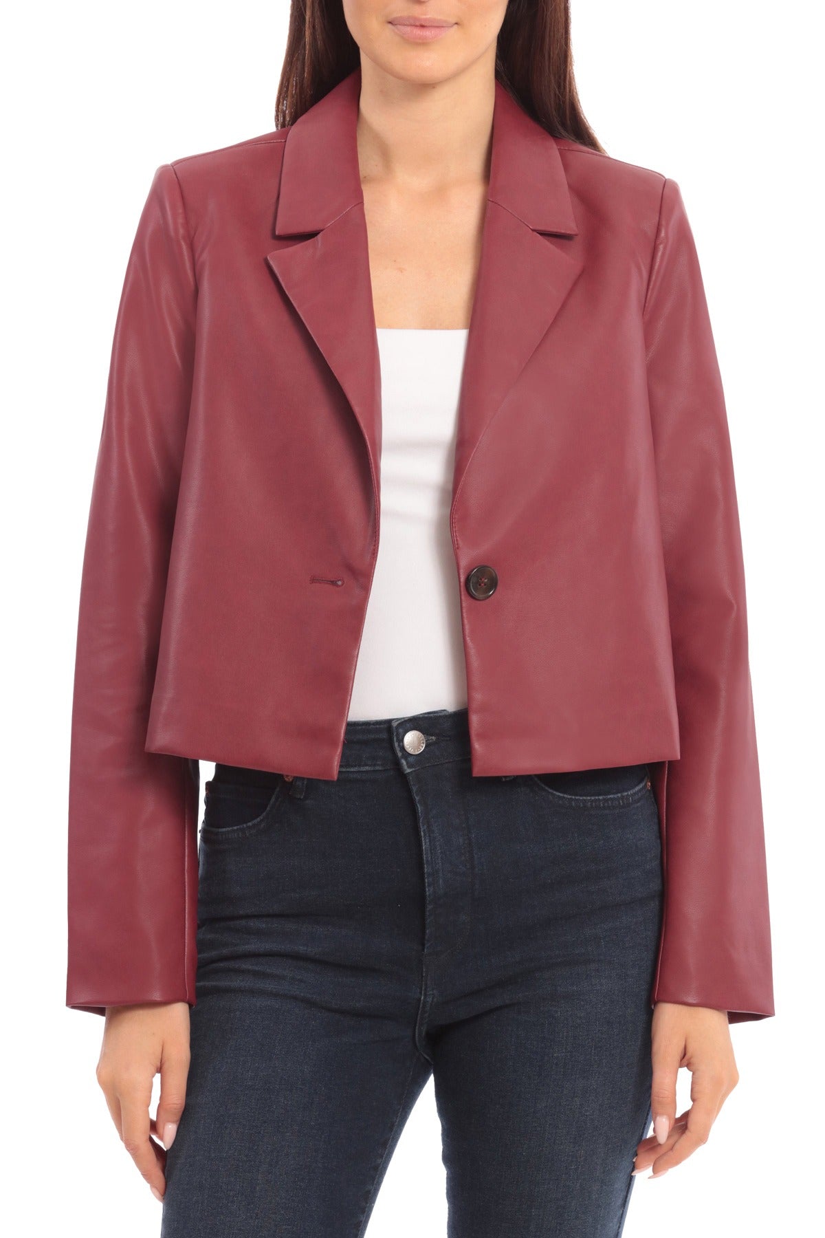 Boxy Faux Leather Blazer Jacket Currant Red