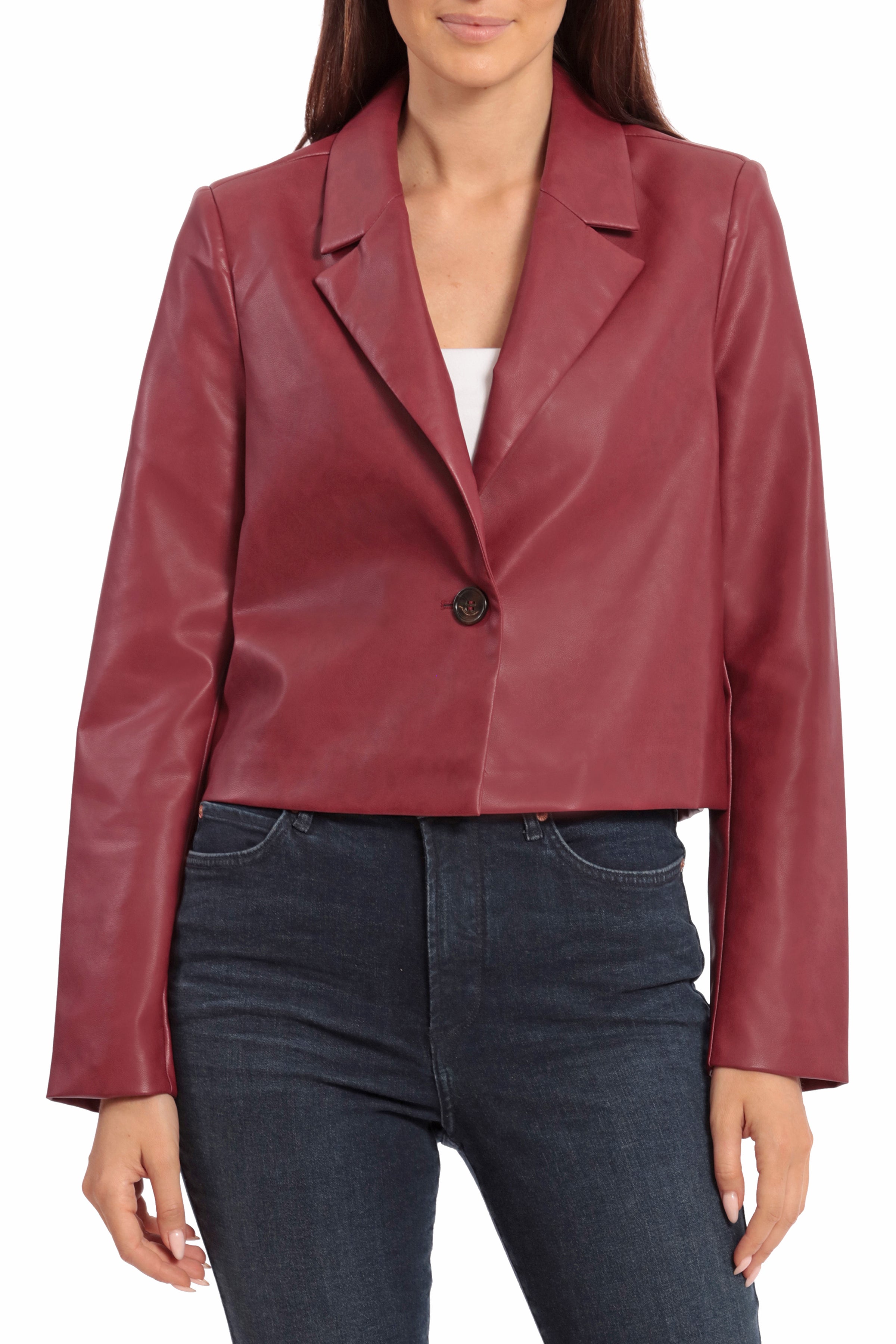 Boxy Vegan Leather Blazer Women's Fashion Jacket Currant Red