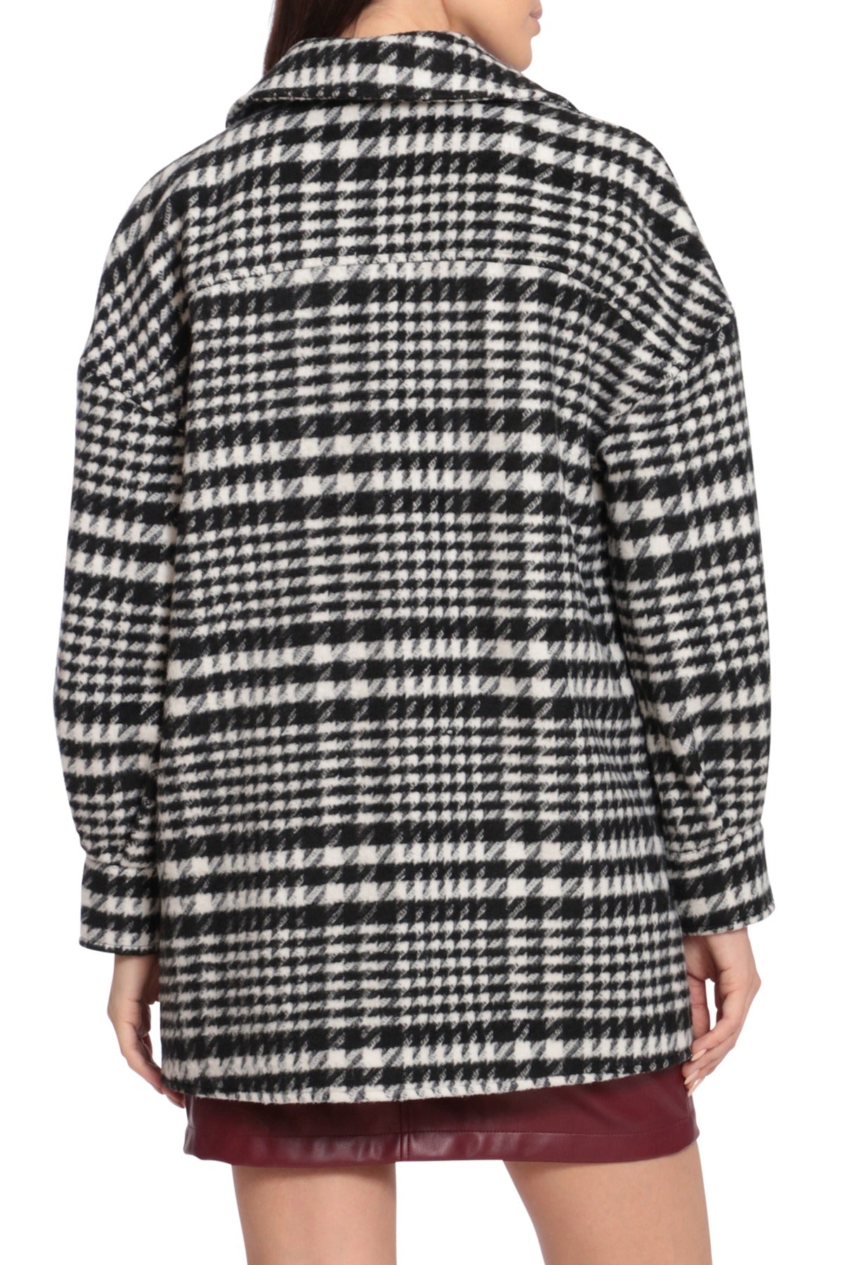 Plaid Black White Houndstooth Oversized Shacket Shirt Jacket - Women's Flattering Office to Date Night Outerwear