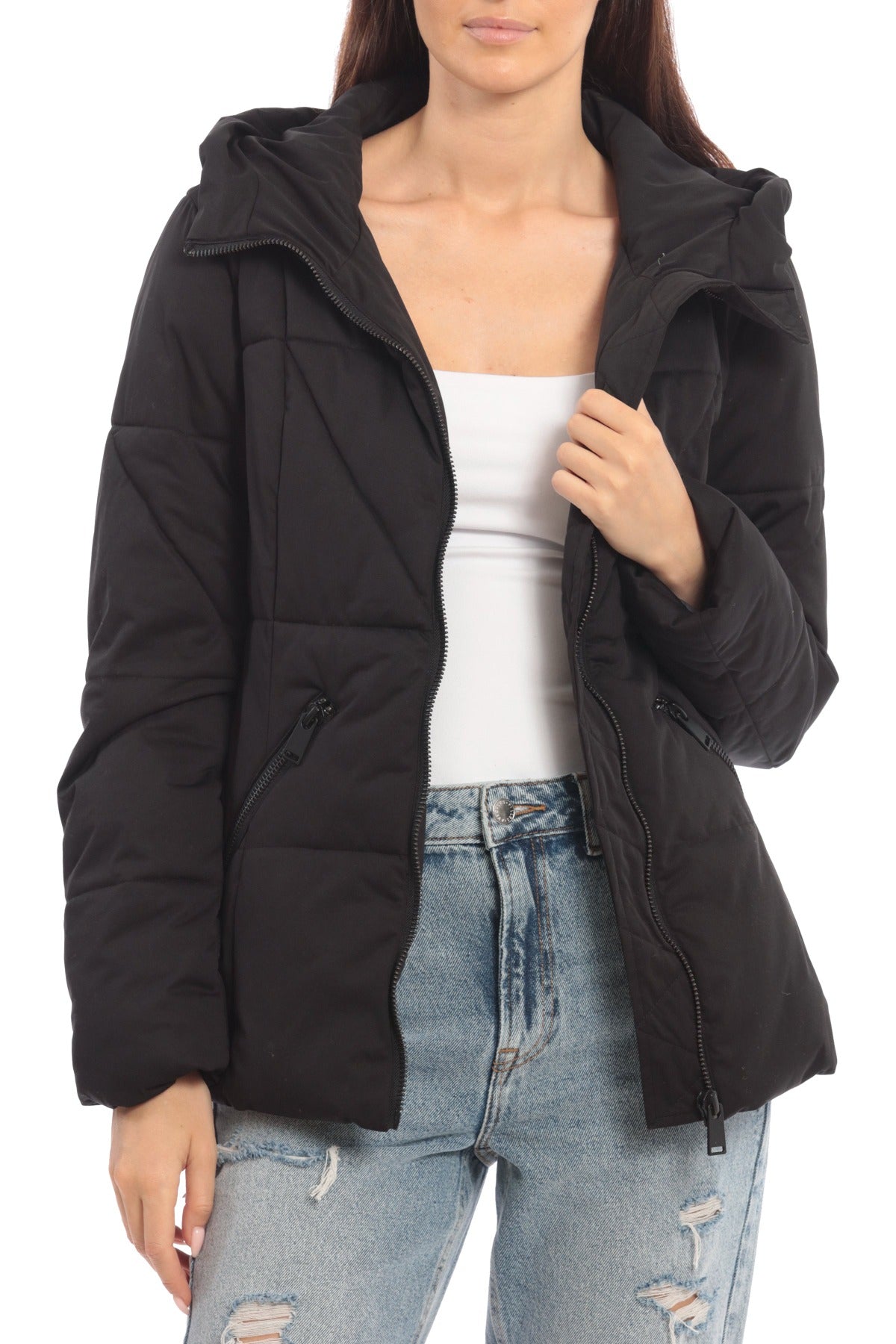 Zip-Front Quilted Jacket Bagatelle water resistant rain coat black