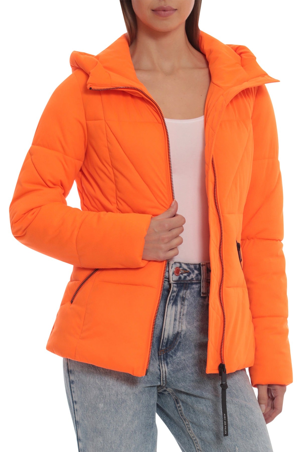 Zip-Front Quilted Jacket Bagatelle water resistant rain coat neon orange