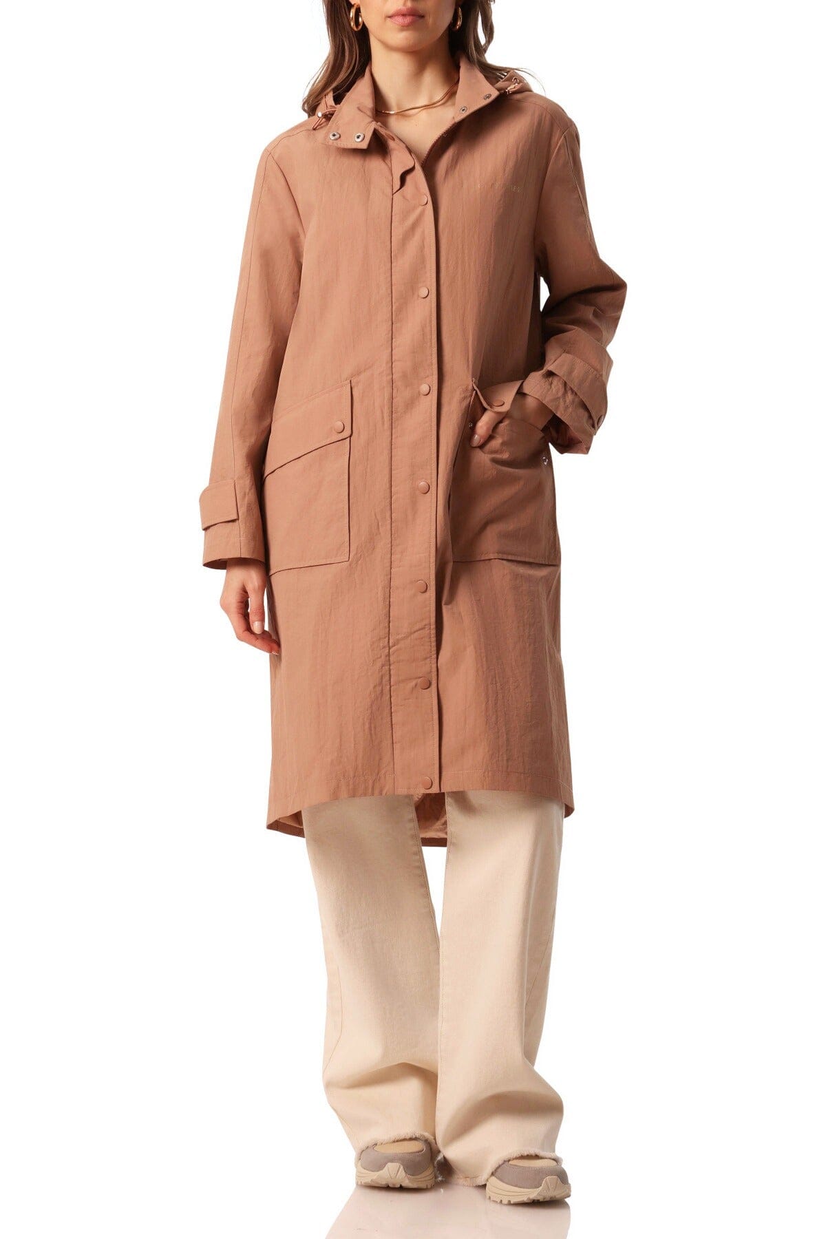 Oversized Nylon Hooded Rain Anorak Coat Cameo Rose Brown Women's figure flattering fashion coats jackets water resistant nylon construction