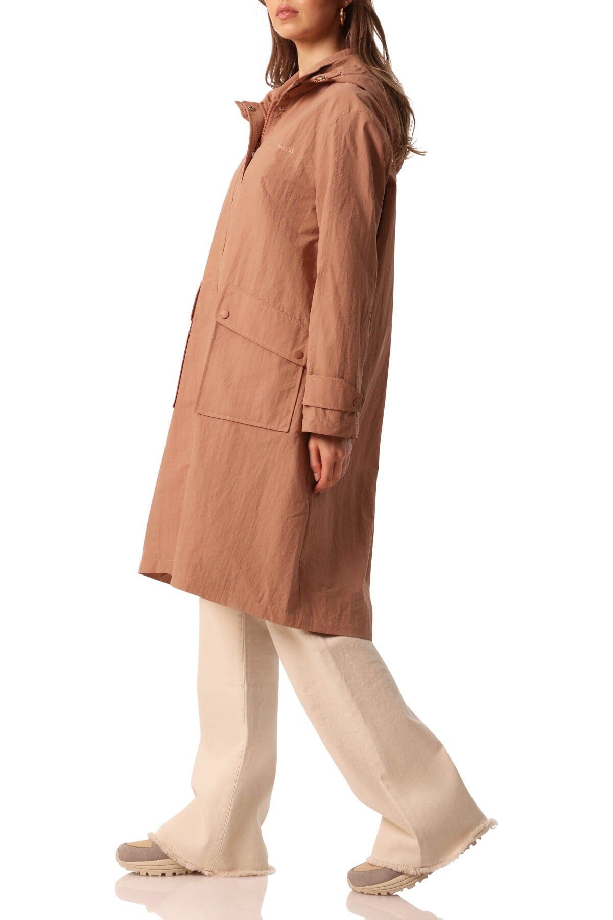 Oversized Nylon Hooded Rain Anorak Coatsminimal snap hardware metallic lining women's designer flattering Spring 2023 water resistant outerwear Cameo Rose Brown