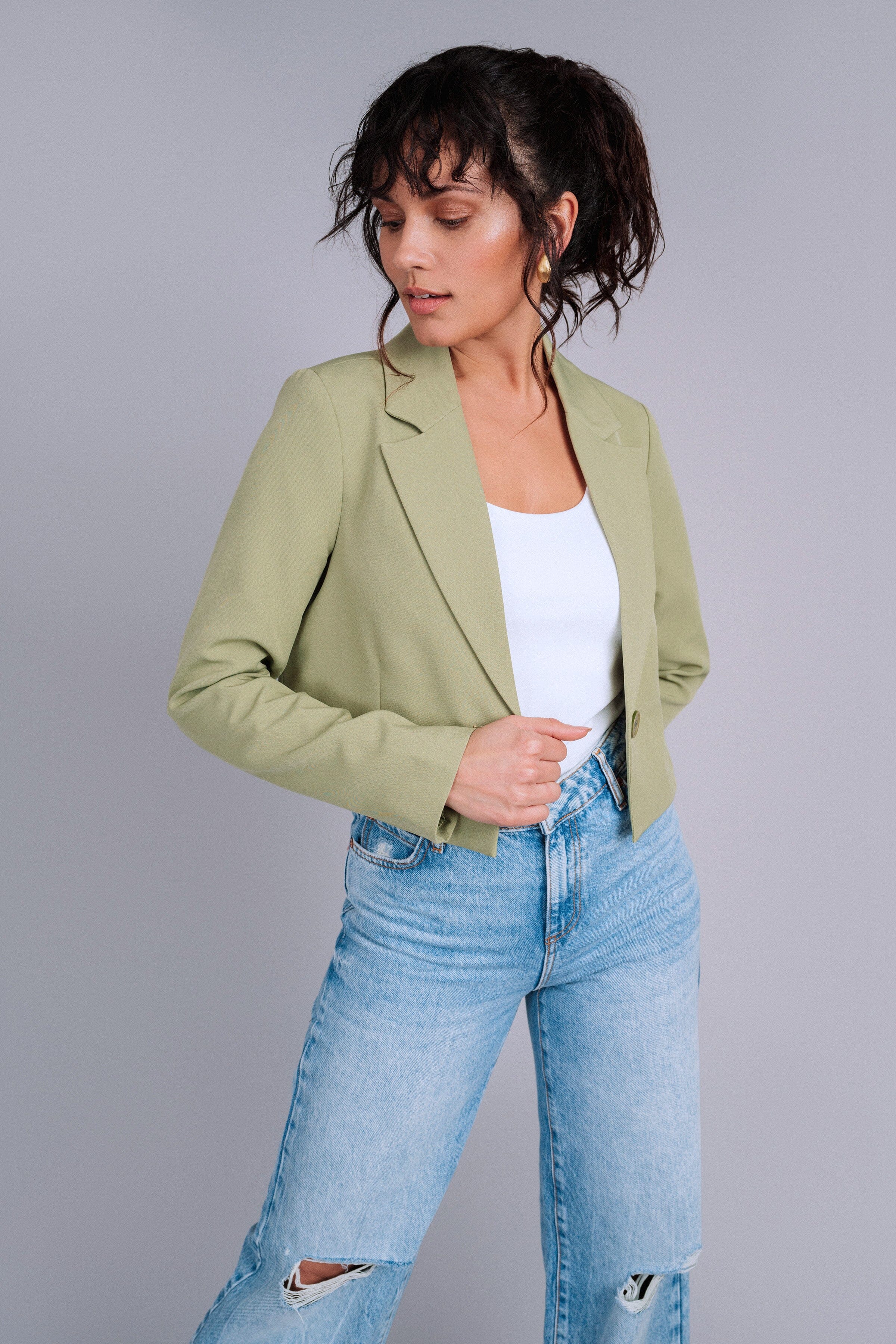 Sage Green Stretch Crepe Cropped Blazer Coats & Jackets Bagatelle 