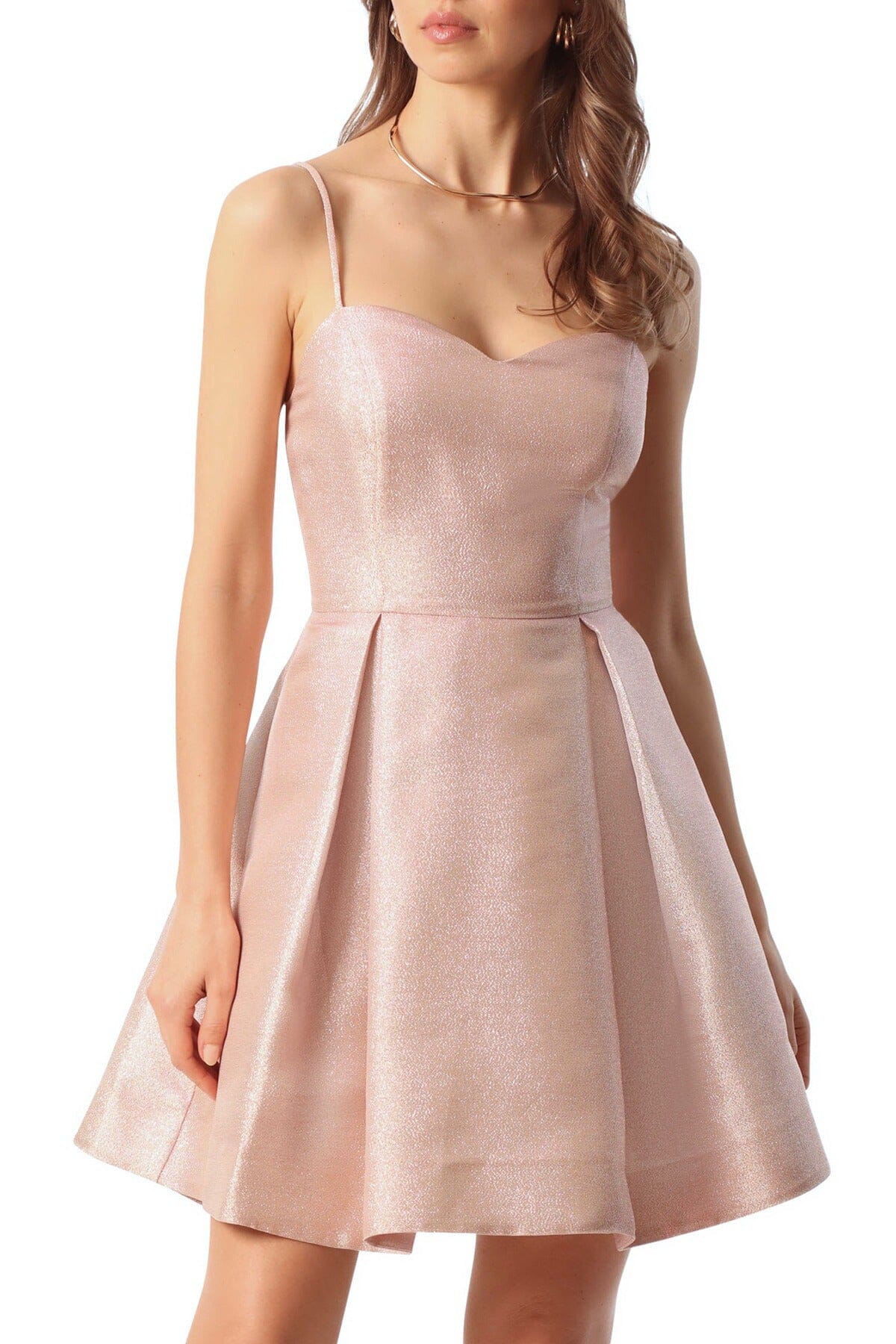 Light pink gold Iridescent pleated spaghetti Mini Party Dress Dresses Avec Les Filles
