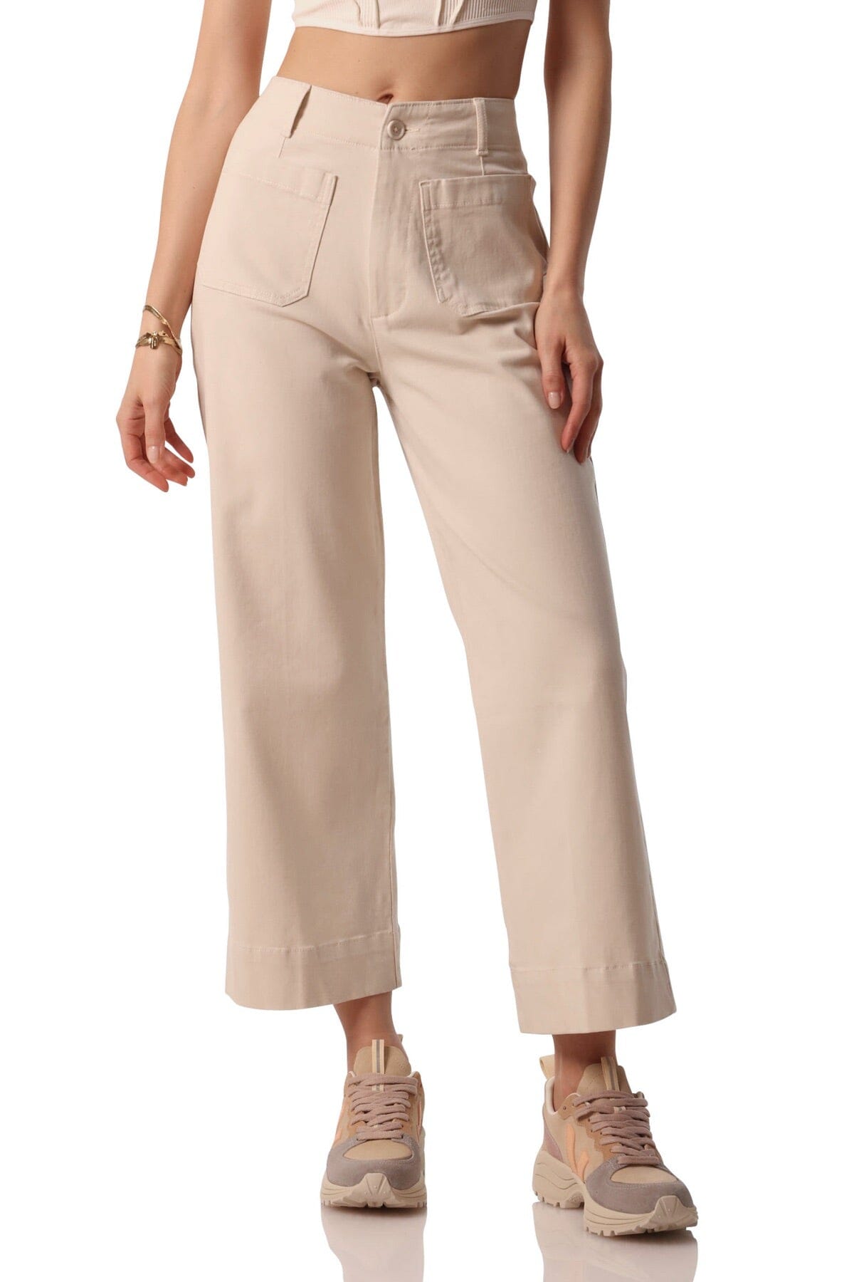Patch Pocket Wide Leg Pants Rayon Blend Ecru Beige - Flattering High Rise Flare Pant for Women Designer Fashion Bottoms