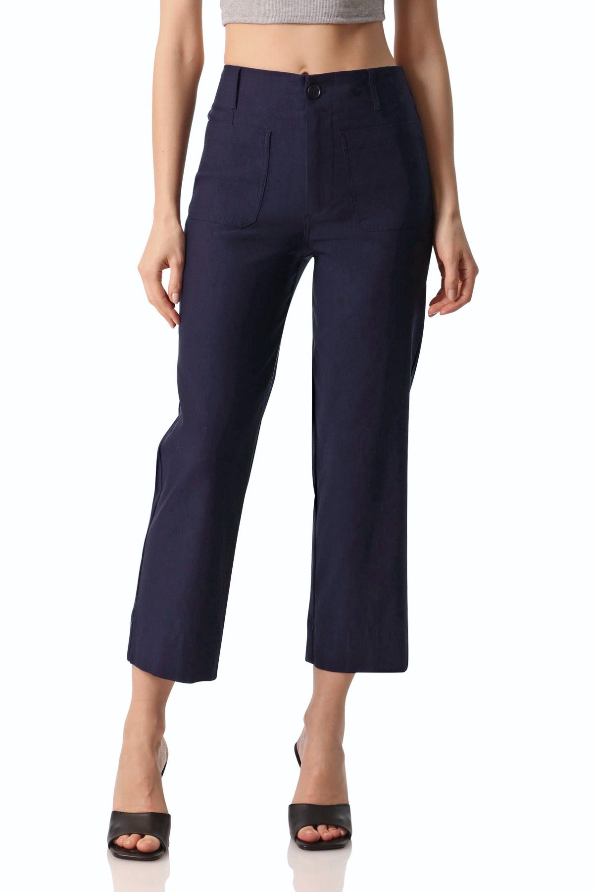 Patch Pocket Wide Leg Pants Rayon Blend Navy Blue - Women's Figure Flattering Fashion Bottoms Designer Bottoms for Women
