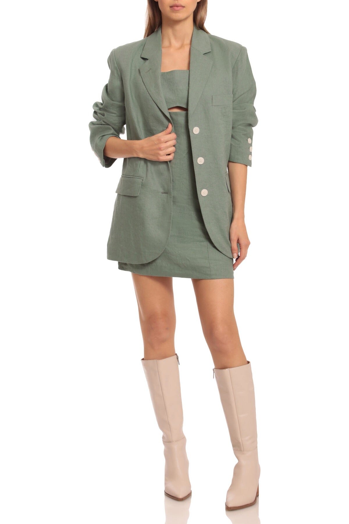 Cutout Linen Blend Mini Dress Avec Les Filles Green designer fashion Spring dresses