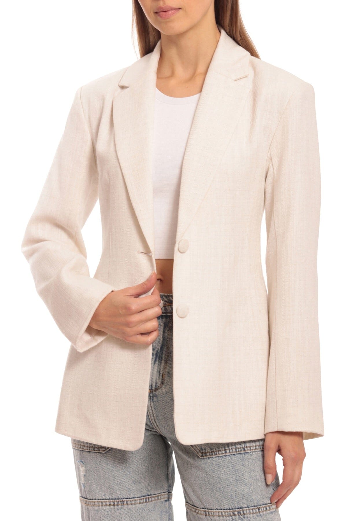 Textured Cotton Linen Sculpted Blazer white women's figure flattering designer outerwear Spring fashion