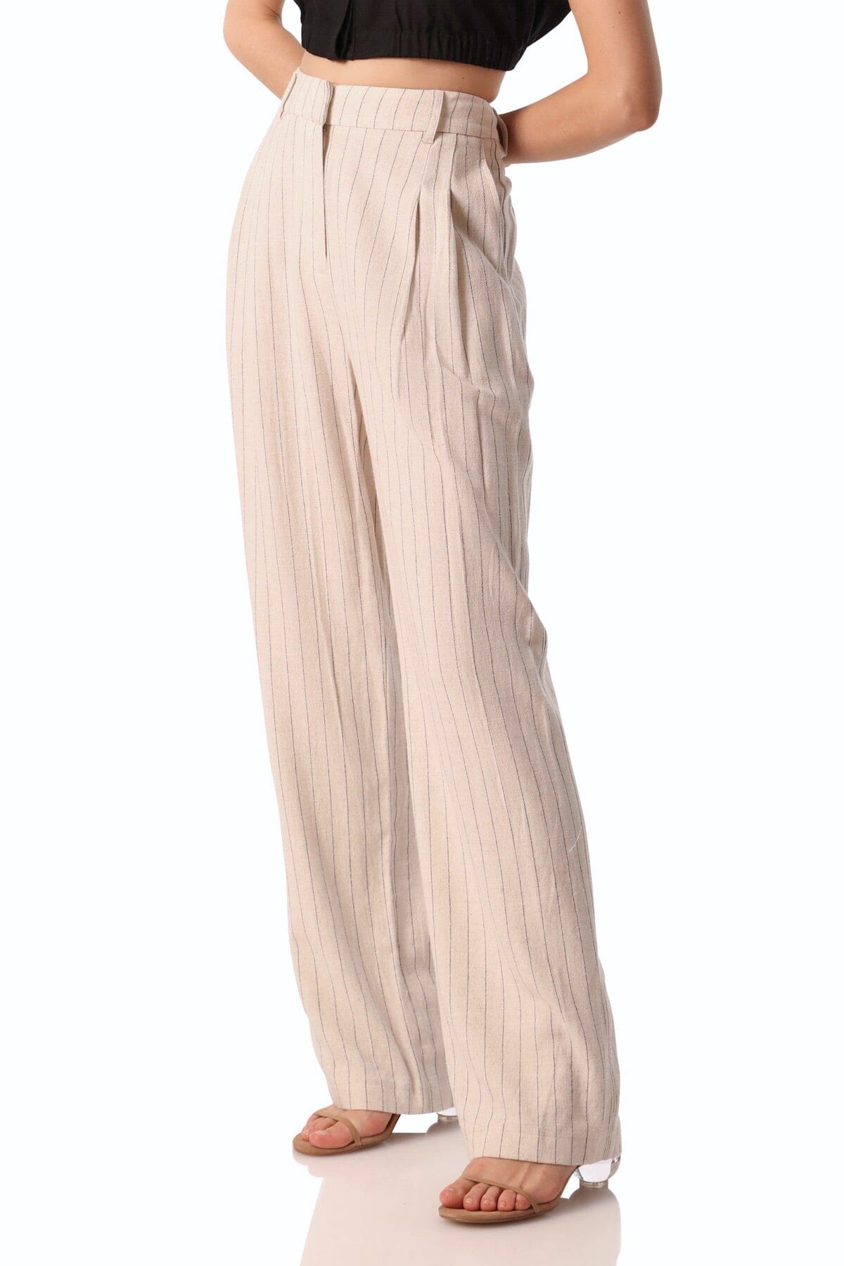 linen blend pinstripe trouser ecru beige off white stripe - women's flattering day to night fashion bottoms
