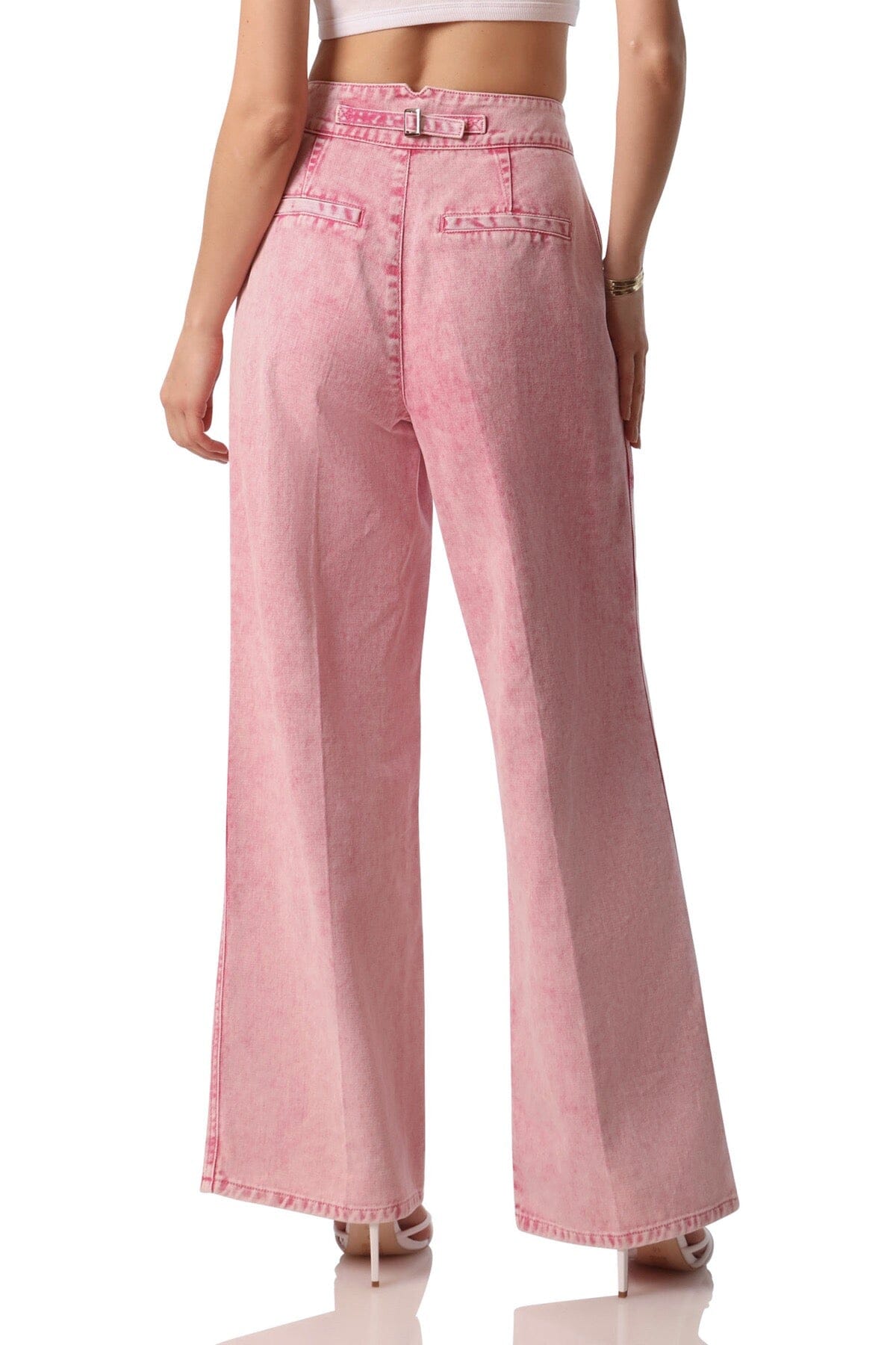 acid wash wide leg high waist denim trouser jeans pink - figure flattering casual work pants for women