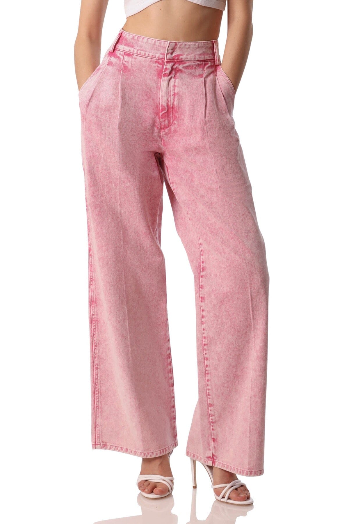 acid wash wide leg high waist denim trouser jeans pink - figure flattering office to date night pants for women