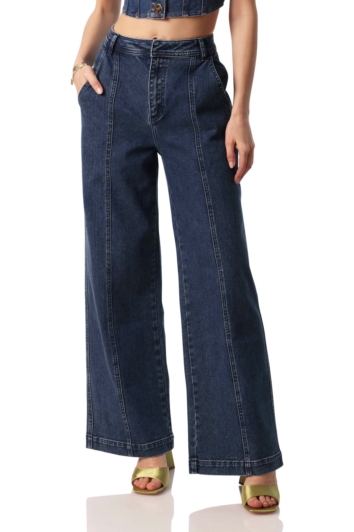 wide leg high waist seam front denim trouser bottoms tropea wash indigo blue flattering women's jeans