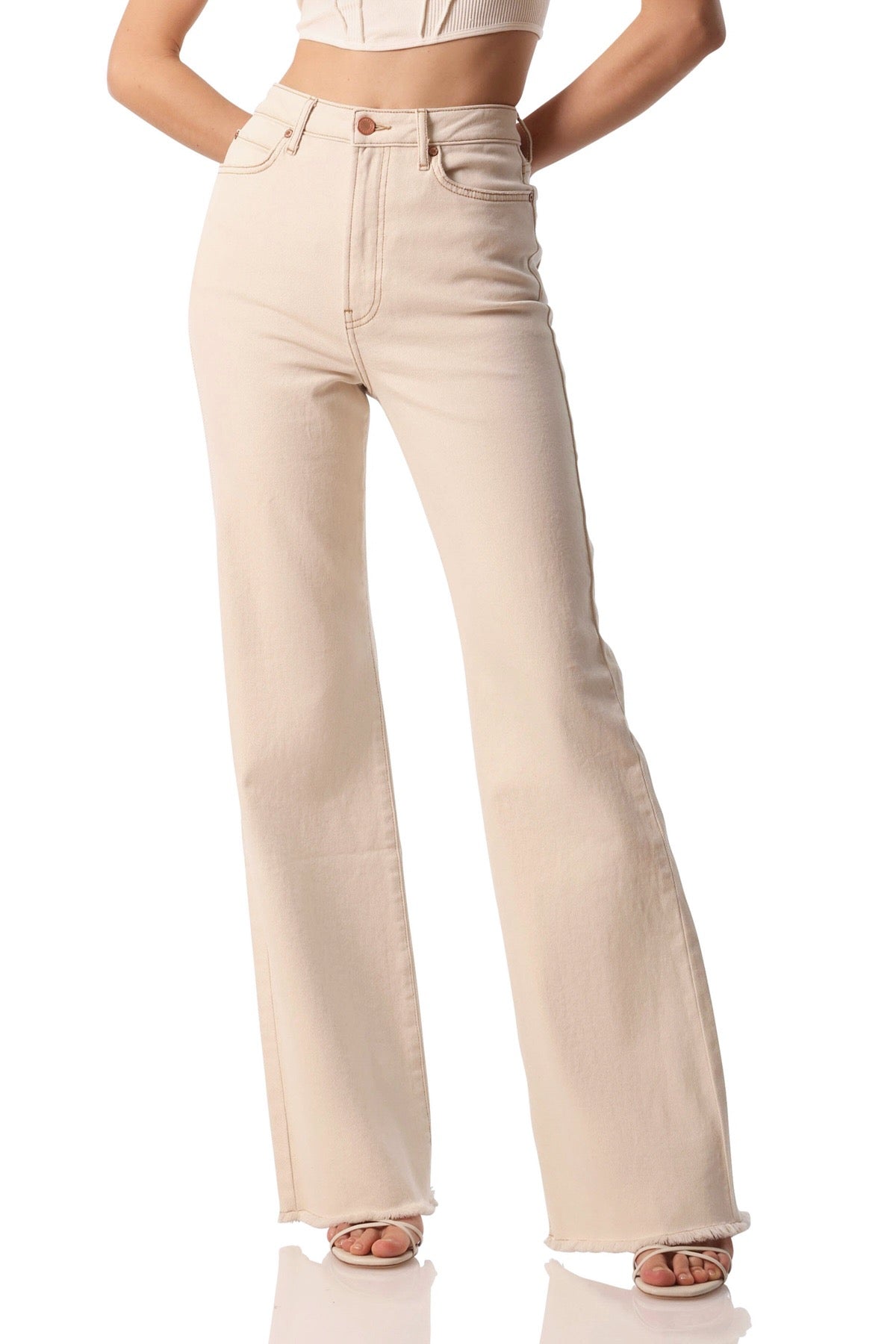high rise stretch flare jeans ecru beige - flattering high-waisted fashion denim bottoms for women