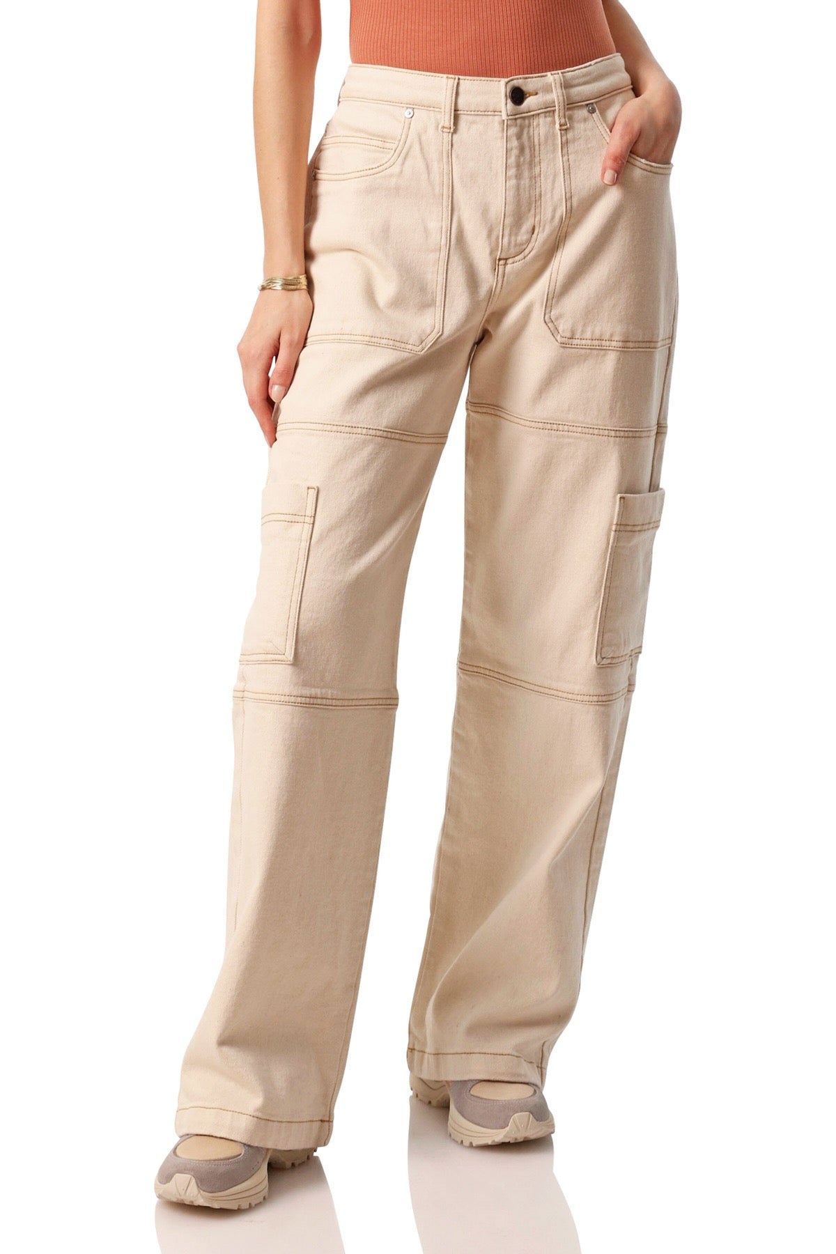mid rise stretch denim cargo pants ecru beige - flattering fashion pant for women