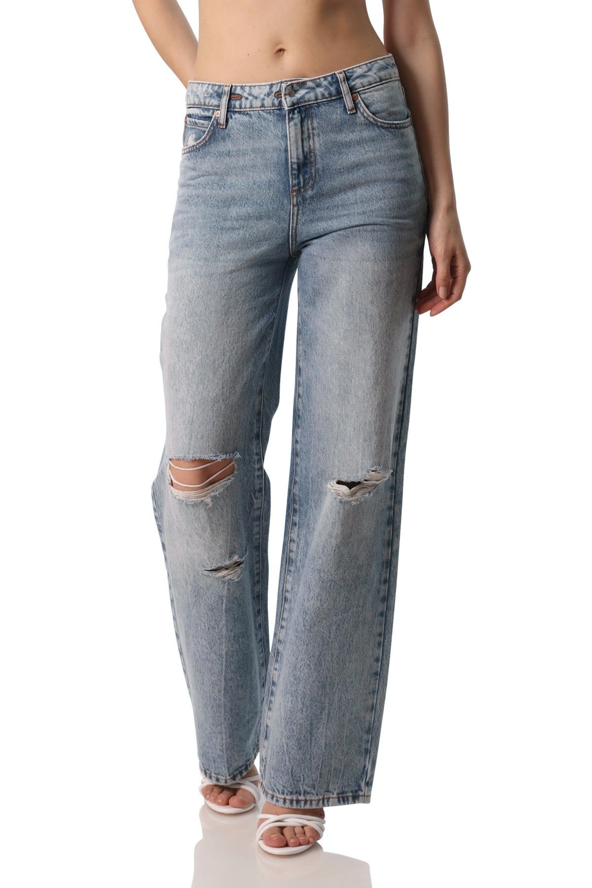 convertible waist wide leg distressed jeans women's flattering designer fashion denim bottoms maya wash blue