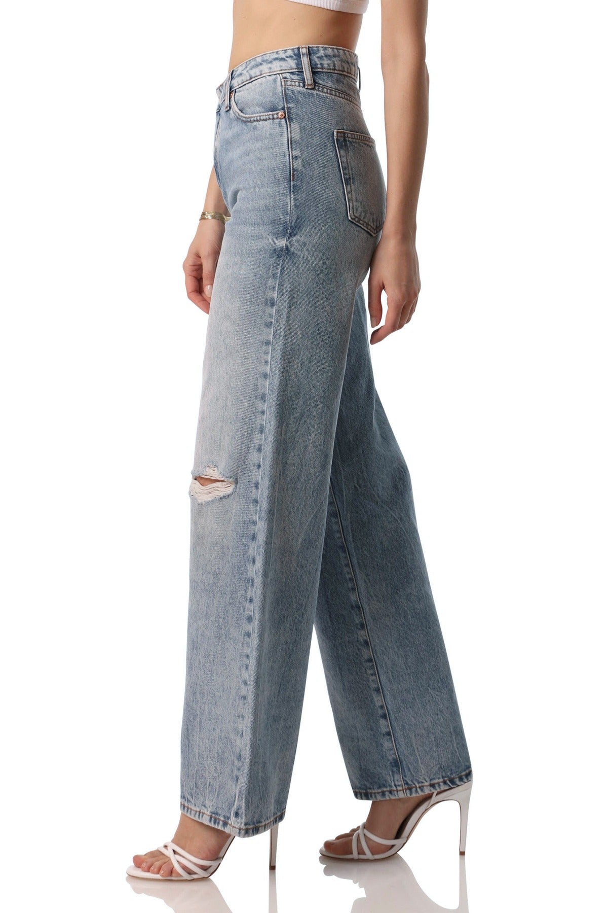convertible waist wide leg distressed jeans flattering 2 in 1 denim adjustable high low rise maya light blue wash 