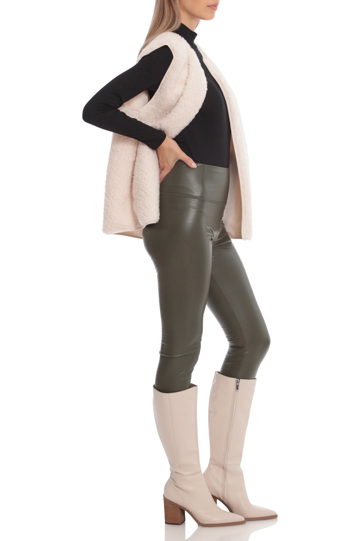 Olive green faux leather  fleece lined high-waisted leggings Bottoms Avec Les Filles x Bagatelle 